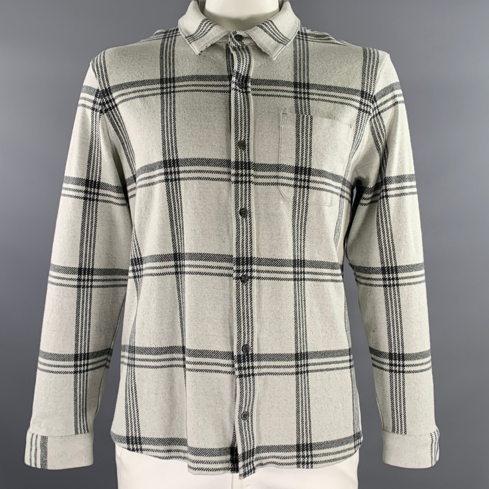 Vince Size Xl Grey Black Plaid Polyester Blend Button Up Long Sleeve Shirt